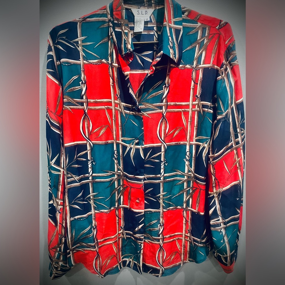 Vintage Silk Button Down Lightweight Blouse Bamboo Print Sz M